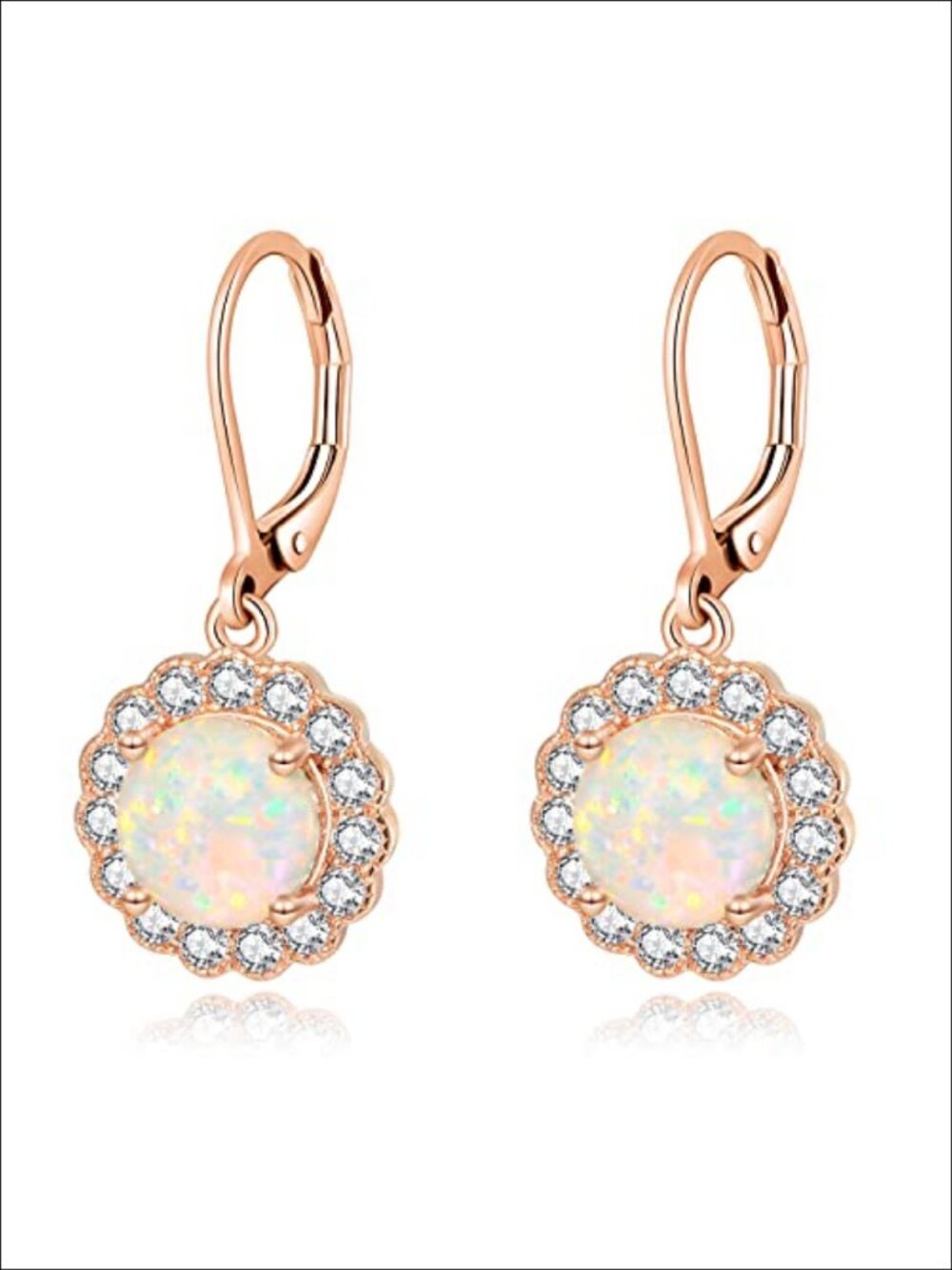 Leverback Created Pink Opal Dangle Drop Earrings 14K Rose Gold Plated